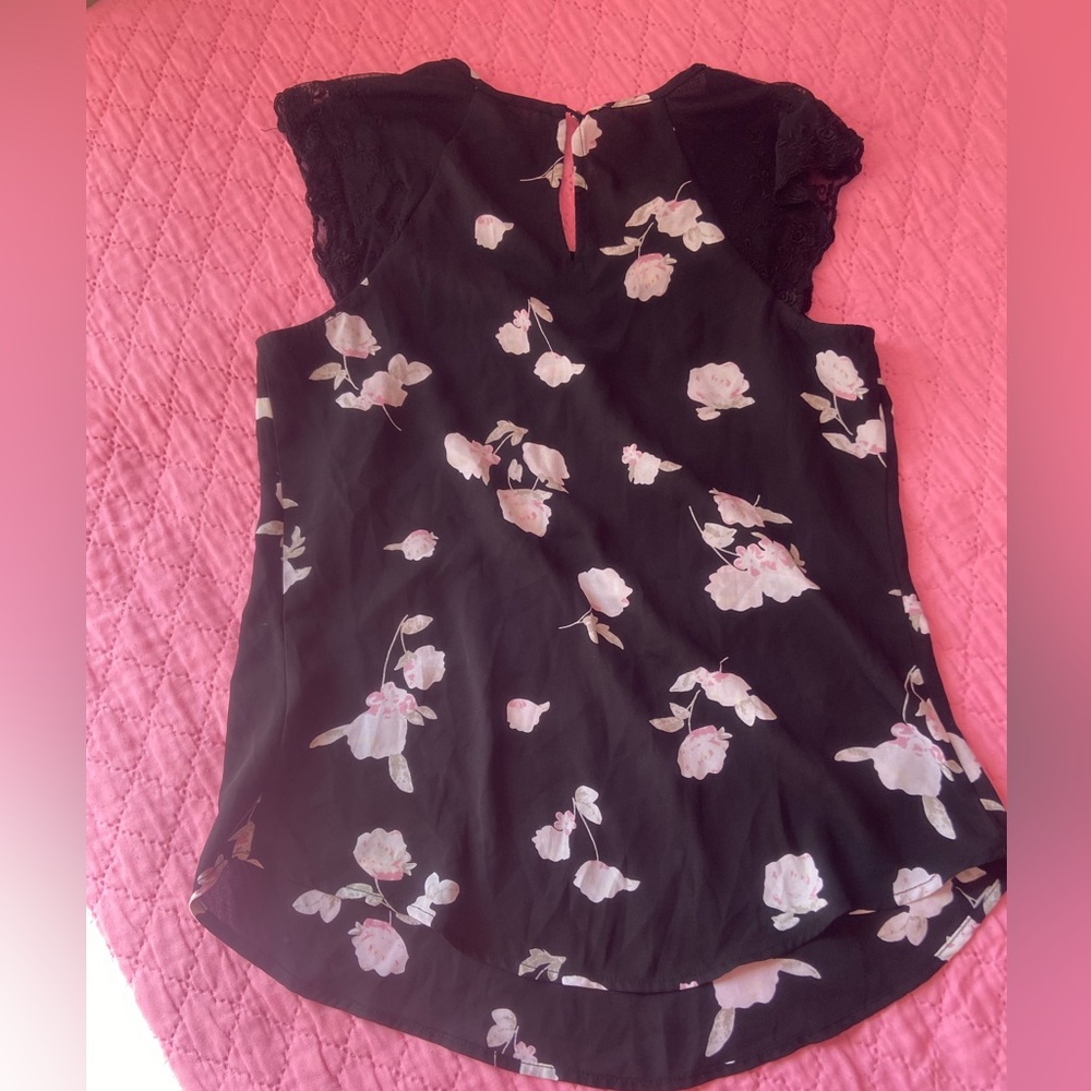 Candie's Black Floral Lace-Sleeve Camisole with Pink Blooms